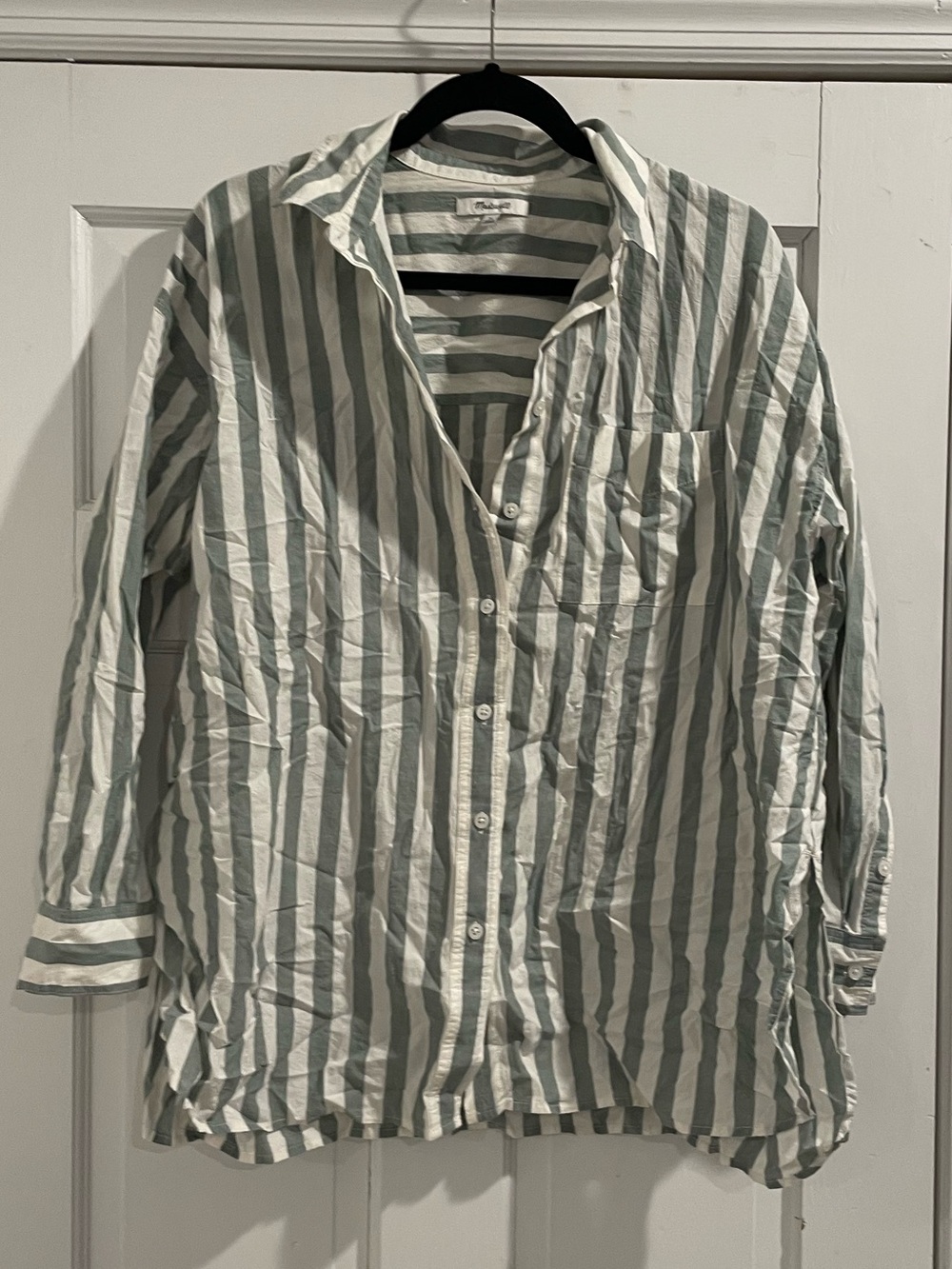 Madewell Green and White Vertical Stripe Button-Down Shirt